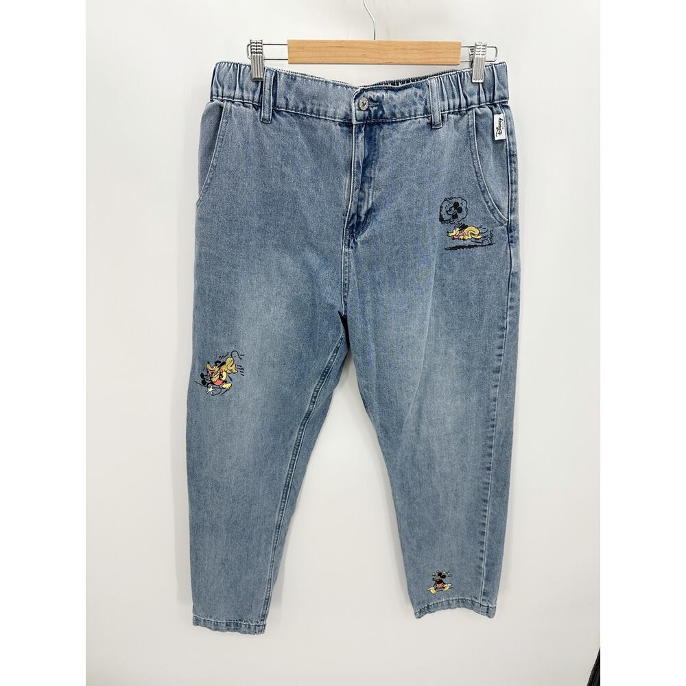 Disney Womens Mickey Mouse Pluto Denim Jeans Size L Stretch‎ Waist Relaxed Fit